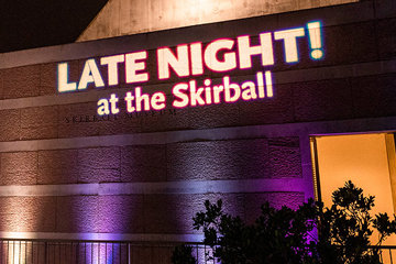 Skirball building with Late Night in lights