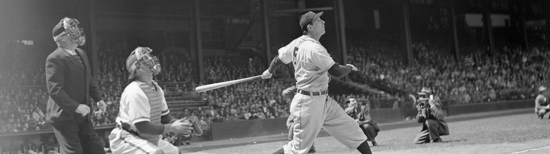 Hank Greenberg hitting a third inning homer against the Philadelphia Phillies, April 29, 1947.