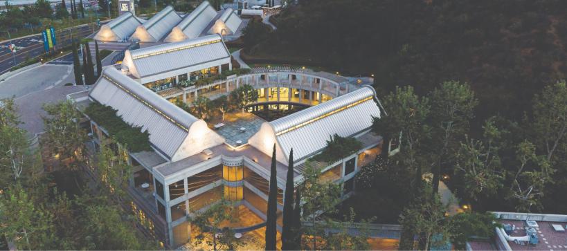 aerial view of Skirball campus at dusk