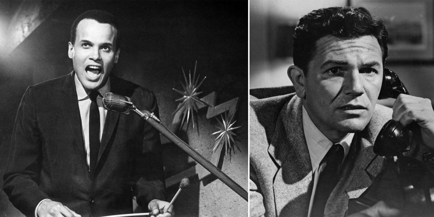 Stills from the films featured. On the left is Harry Belafonte standing in front of a microphone speaking emphatically. On the right is Jon Garfield shown holding a phone and staring into space with a serious expression.