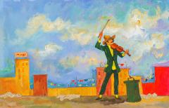 illustration fo a man playing a violin outside with buildings in the background
