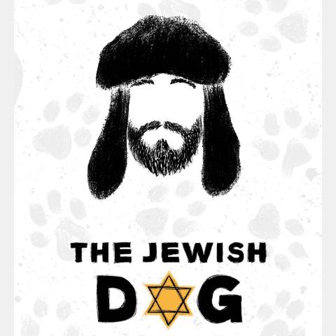 Illustration of a man's head wearing a hat similar to dog ears. The words "The Jewish Dog" are written below with a Star of David as the "o" in Dog. Gray paw prints appear behind the illustration.