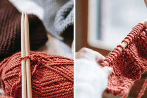 Two dreamy photos of yarn and knitting needles. On the left, red and brown balls of yarn are set on a white bed with needles on the red yarn. The right shows two hands knitting with the needles and red yarn.