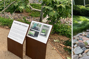 Photos of the Sustain project bench and Arroyo riverbed at the Skirball