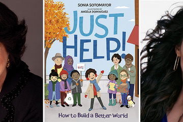 Photos of Justice Sonia Sotomayor smiling at the camera, the cover of her book Just Help, and America Ferrera looking at the camera 