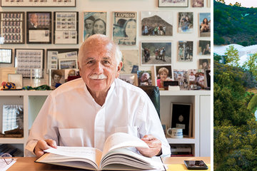 Moshe Safdie sitting in an office with an open book in front of him, next to an aerial shot of the Skirball&#039;s campus