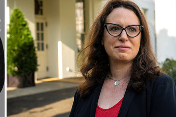 Cover of the book, Confidence Man next to a photo of Maggie Haberman, outside looking towards the camera