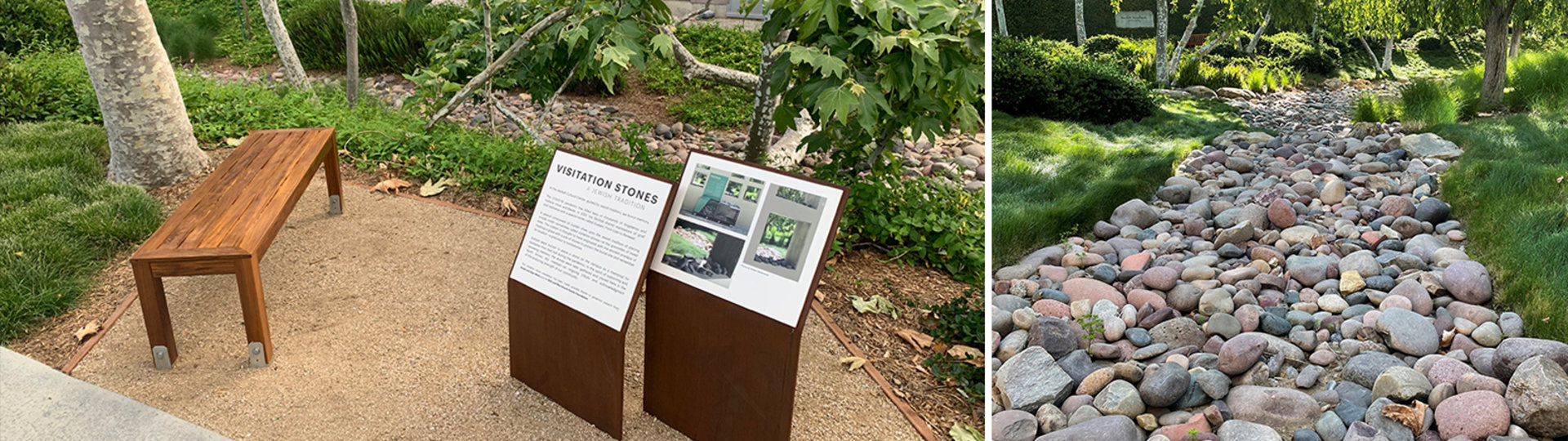 Photos of the Sustain project bench and Arroyo riverbed at the Skirball