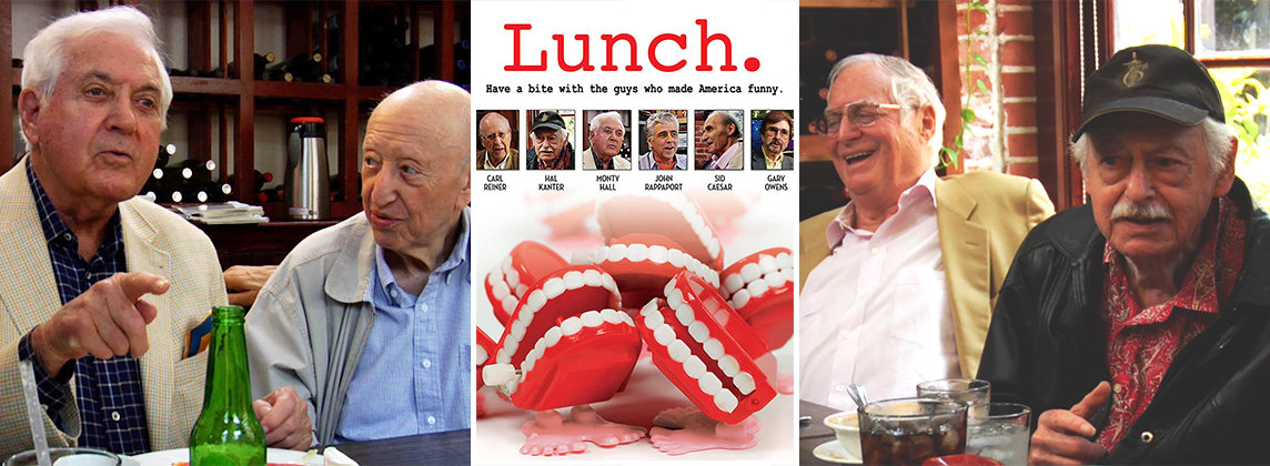Stills from the movie showing four men sitting at a restaurant table in the midst of a conversation. The film poster is between them.
