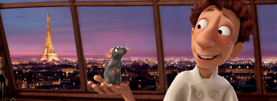 Still from the movie Ratatouille showing Linguini holding Remy in his apartment. The night sky and Eiffel Tower can be seen through the window.