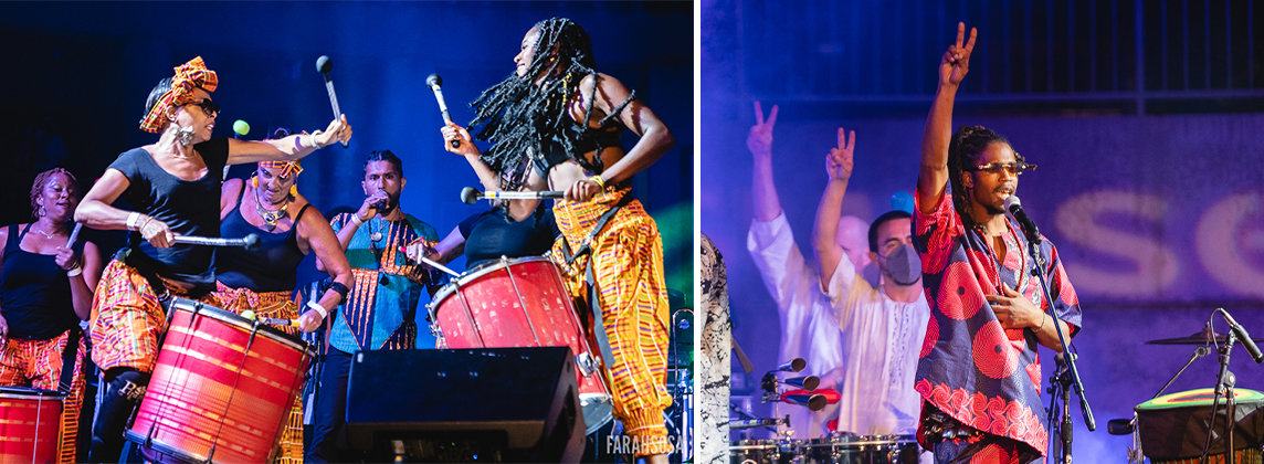 Photos of the band Extra Ancestral performing on an outdoor stage at the Skirball