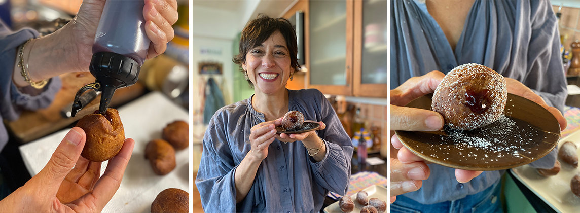 Maite Gomez-Rejón in her home kitchen making sufganiyot
