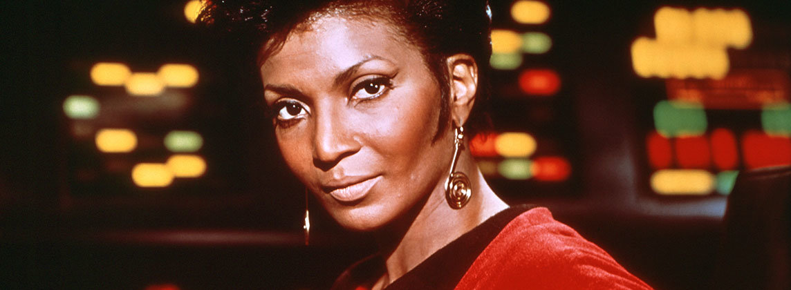 Nichelle Nichols as Uhura in Star Trek: The Original Series looking at the camera