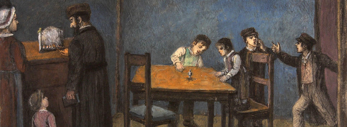 Father, mother and young daughter lighting Hanukkah candles while two boys play with a dreidel at a table and two other boys stand behind them