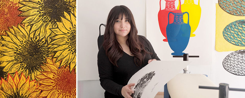 Detail of an art print of yellow flowers next to a photo of Stephanie Mercado in her studio