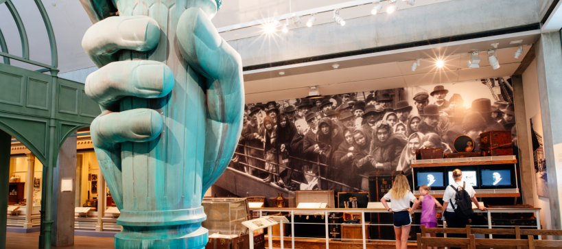 Life-size copy of Statue of Liberty hand and torch in Visions and Values exhibit