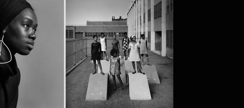 2 black and white photos, one of a woman and one of a group fo women standing next to a building