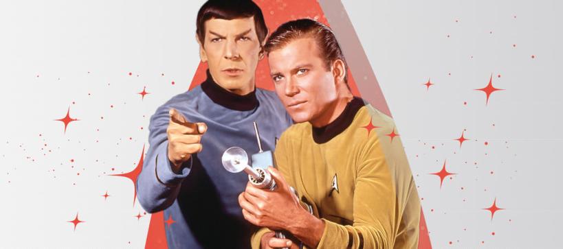 Leonard Nimoy as Spock and William Shatner as Captain Kirk holding a ray gun