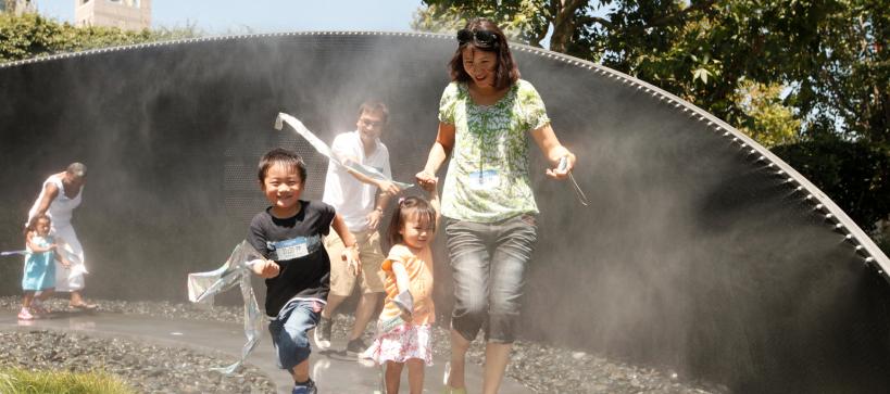 Family running through mist