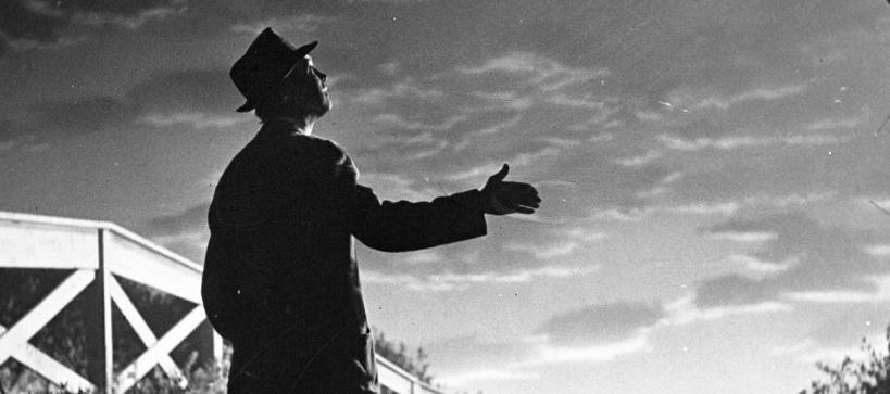 Silhouette of James Stewart against backlit sky from the move