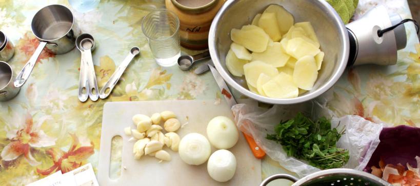 cooking ingredients and measuring utensils laid out on a table