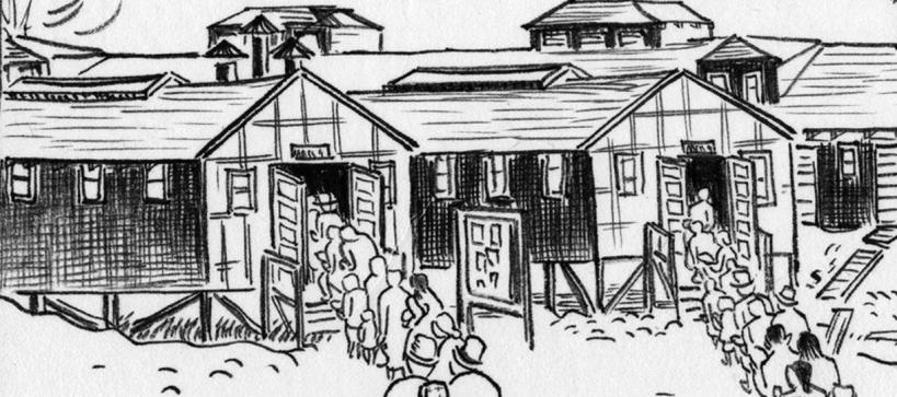 Drawing of 2 lines of people lined up at 2 entrances to a building