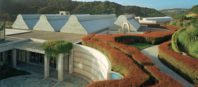 Image of upper campus with hedges blooming with red flowers. Four tall peaks of building above a courtyard.