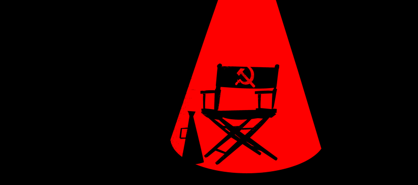 An illustration of a black background with a red spotlight. In the red spotlight is a director's chair with a hammer and sickle symbol on the chair back. A megaphone sits next to the chair.