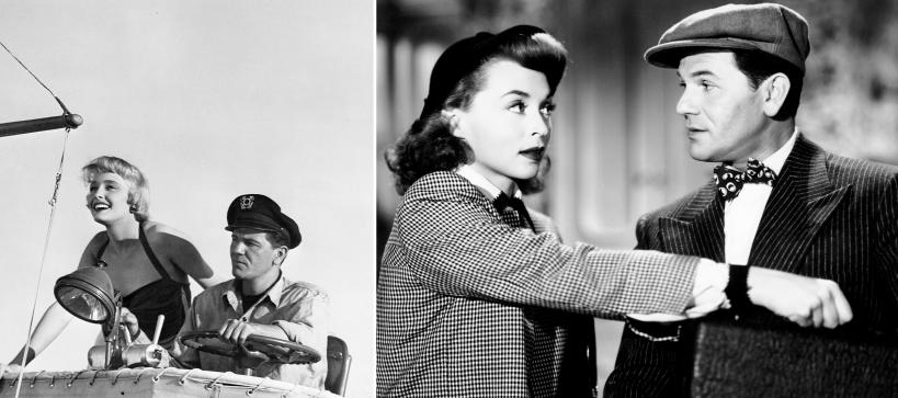 Still from the films featured. On the left is a woman and man sitting on board a boat looking out to the left. On the right shows a woman reaching over into the jacket pocket of a man facing her. They are making eye contact.