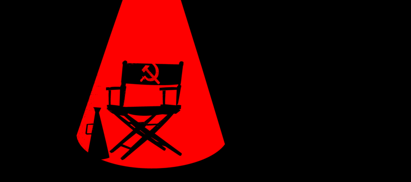 An illustration of a black background with a red spotlight. In the red spotlight is a director's chair with a hammer and sickle symbol on the chair back. A megaphone sits next to the chair.