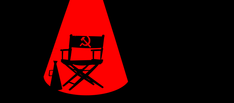 An illustration of a  black background with a red spotlight. In the red spotlight is a director's chair with a hammer and sickle symbol on the chair back. A megaphone sits next to the chair.