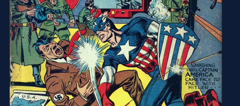 A coming book cover with super hero Captain America punching Hitler in the face.