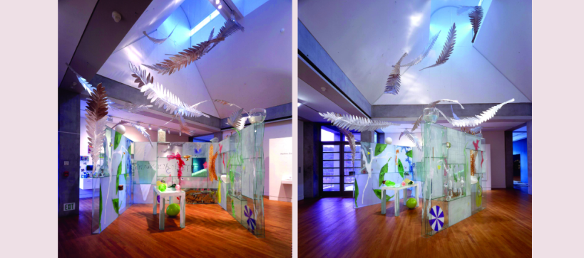 Two photos of the Installation in a gallery space. Three glass walls surround a table with colorful objects. Above the walls, larger-then-life feathers suspend from the ceiling up into a skylight.