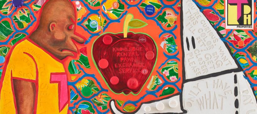 Colorful painting depicting Hancock’s character Torpedo Boy looking at a large red apple being offered to him by a hooded, white figure.
