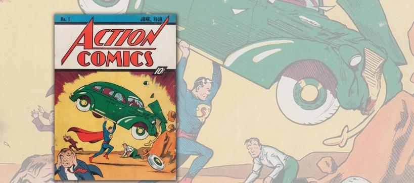 A1938 comic book cover of superman lifting a VW bug in the air.