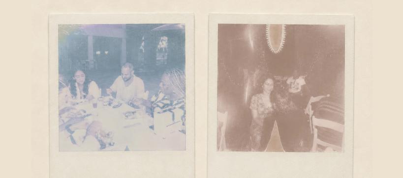 Two faded out polaroid photos of people at a table.