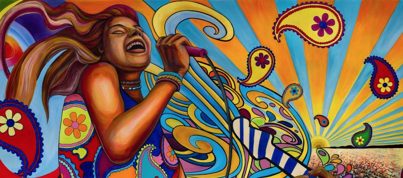 A colorful mural painting with a woman singing and swirling colors.