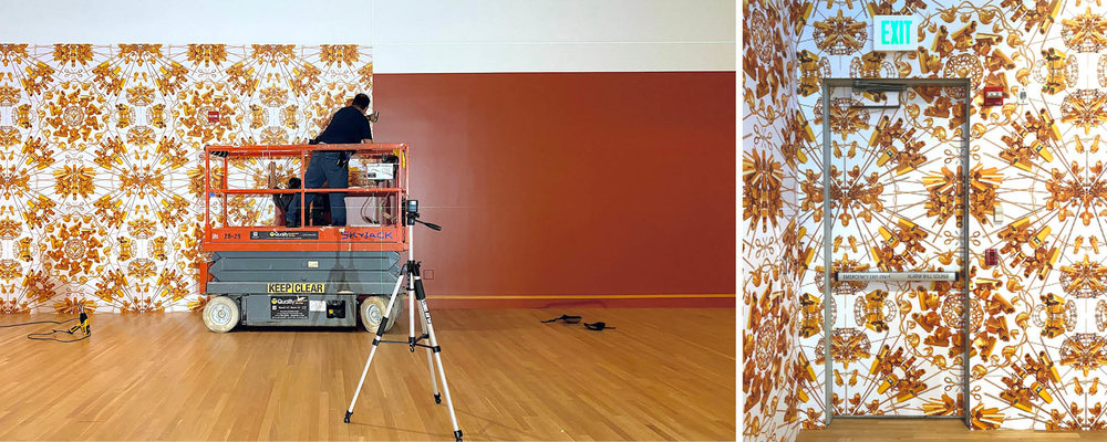 Installing vinyl wallpaper for "Ai Weiwei: Trace" at the Skirball