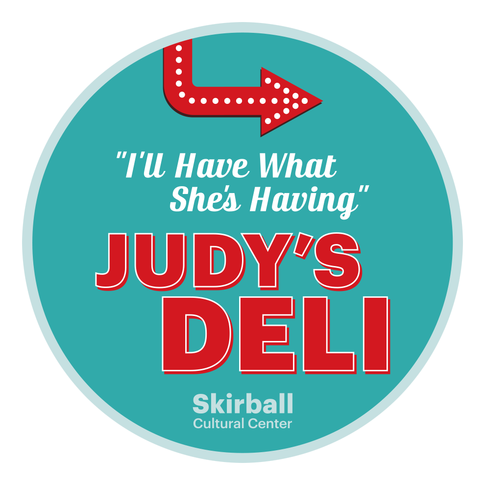 blue circle graphic with red judy&#039;s deli type