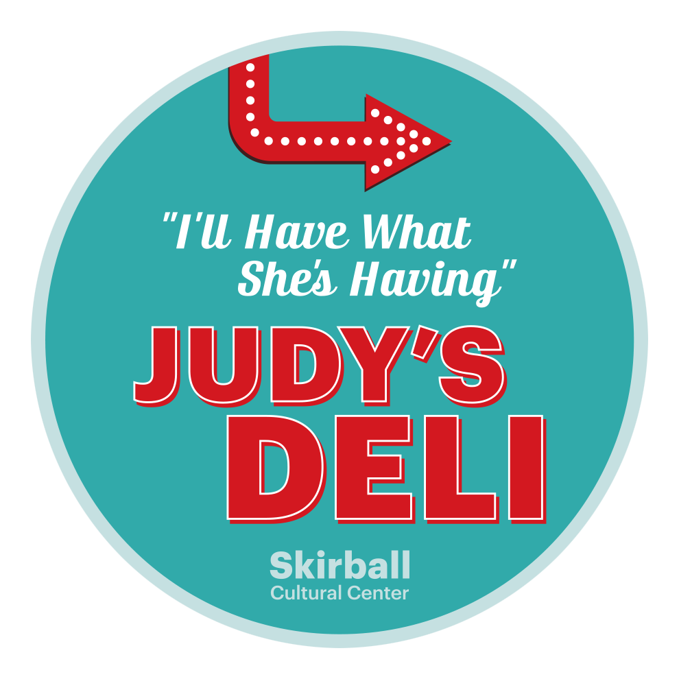 blue circle graphic with red judy's deli type