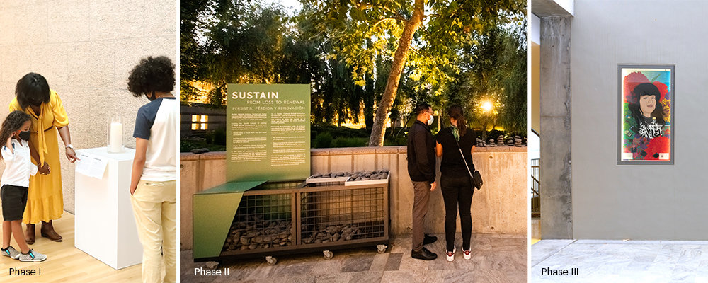 Photos of each phase of Sustain including a family viewing the yahrzeit candle, a couple standing next to collected stones, and one of Mercado&#039;s portraits