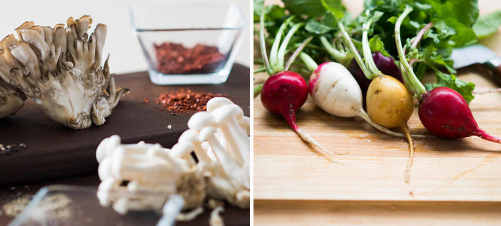 Mushrooms and radishes
