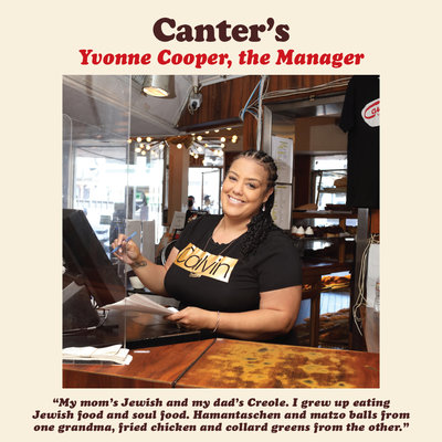 Canter&#039;s Deli manager behind the register with a reflective quote