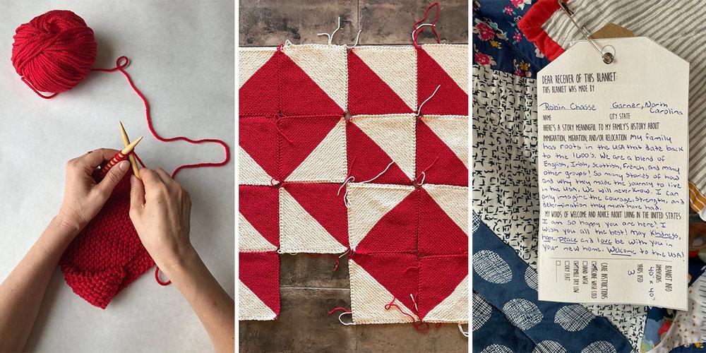 Three photos showing the process of making a blanket: two hands knitting red yarn, red and white squares of yarn laid out in a grid, a close up view of a handwritten note to accompany the blanket