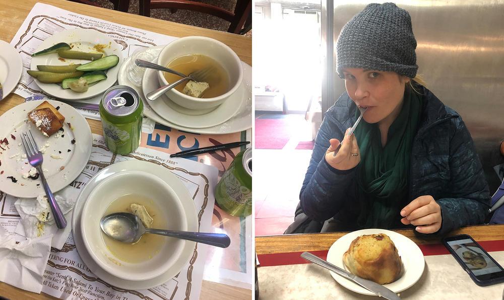 bowls of matzoh ball soup; woman eating a knish