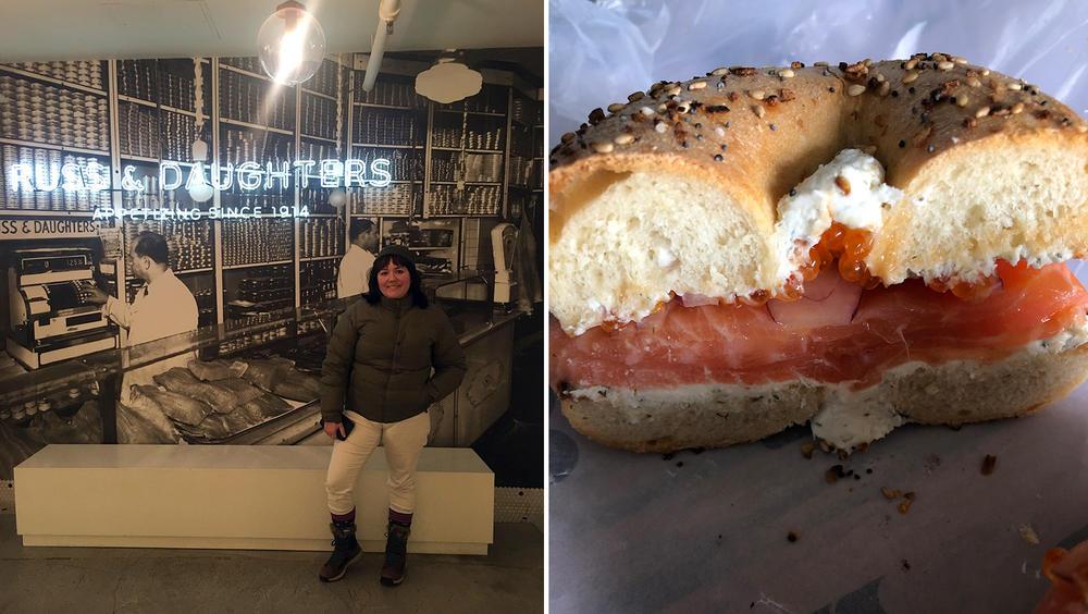Woman standing in front of sign for Russ & Daughters & Cate; close-up of bagel with lox, caviar and cream cheese