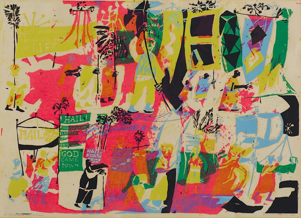 Color full painting of yellow, pink, blue, and black shapes