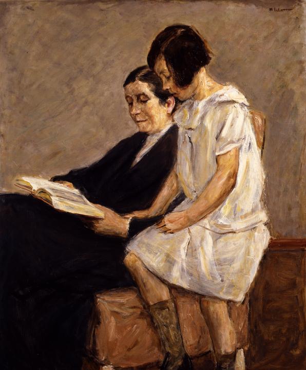 A painting of a young girl and her mother sharing a chair and reading a book together.