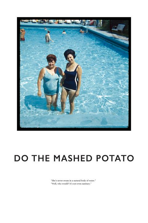 A mid-century photo of two women standing in a shallow swimming pool with the words "Do The Mashed Potato" below.