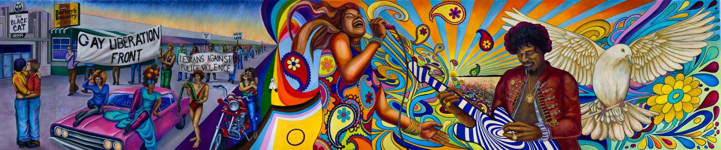 a long horizontal mural with different scenes of the 1960s